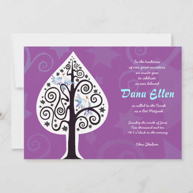 Arbre avec étoiles Bat mitzvah Invitation violet (Devant)