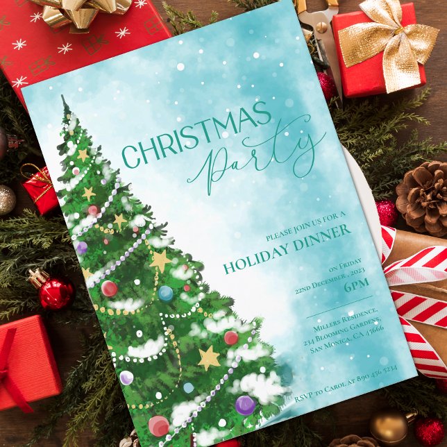 Arbre bleu Aquarelle Noël Invitation à la fête de  (Blue Watercolor Tree Christmas Party Invitation)