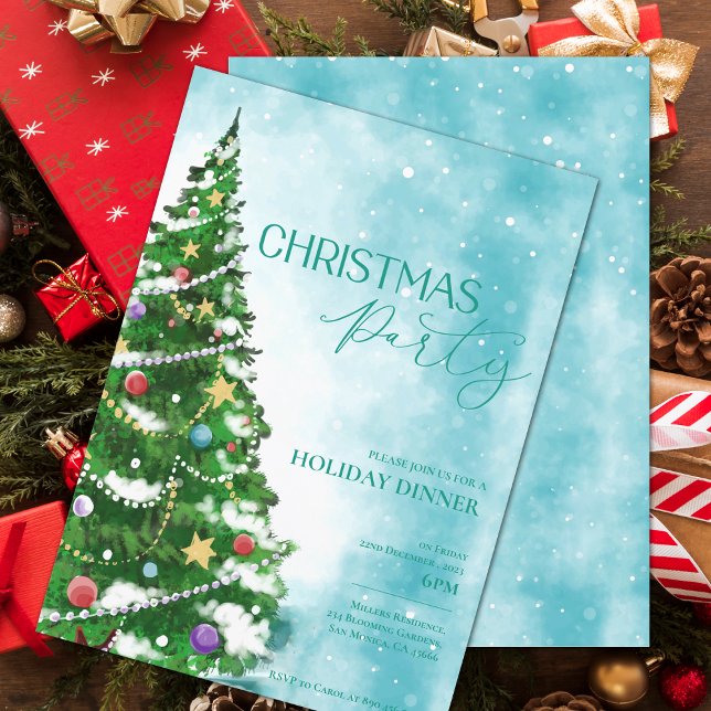 Arbre bleu Aquarelle Noël Invitation à la fête de  (Blue Watercolor Tree Christmas Party Invitation)