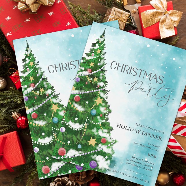 Arbre bleu Aquarelle Noël Invitation à la fête de  (Blue Watercolor Tree Christmas Party Invitation)