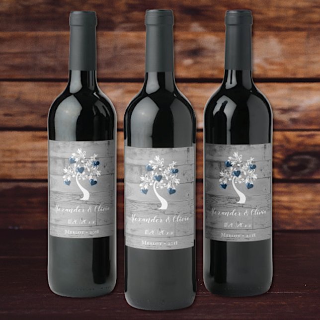 Arbre bleu des coeurs Mariage Étiquette de vin (Créateur téléchargé)
