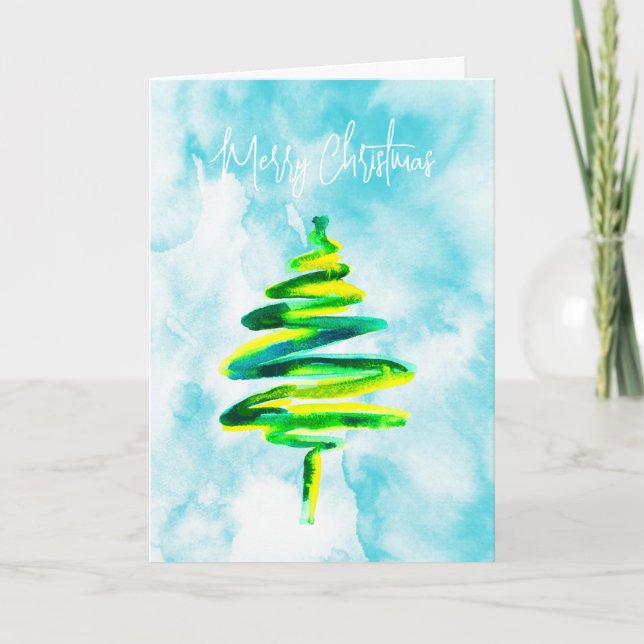 Arbre de Noël bleu abstraite carte d'aquarelle (Devant)