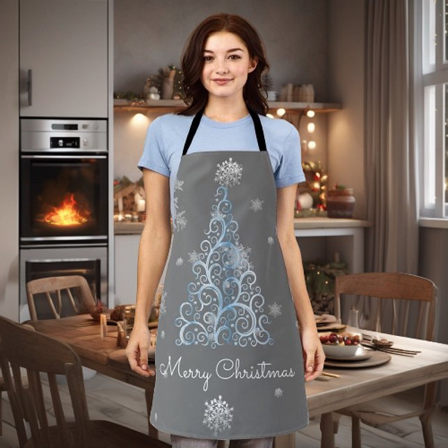 Arbre de Noël bleu et flocons de neige tablier (Blue Christmas Tree and Snowflakes Apron)