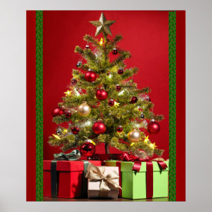 Arbre de Noël décoré avec affiche Cadeaux