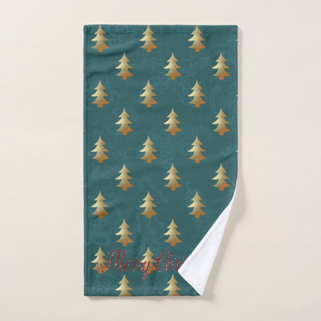Arbre de Noël doré sur fond vert,Vert (Serviette à main)