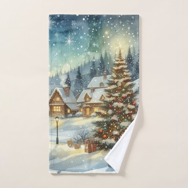 Arbre de Noël en neige hivernale (Serviette à main)