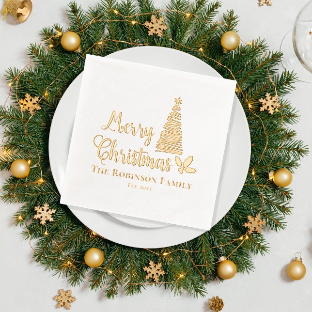 Arbre de Noël Joyeux Noël Nom de famille Date (Christmas Tree "Merry Christmas" Family Name and Date Established Stamped Foil Napkins)