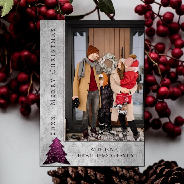 Arbre de Noël moderne Carte photo de vacances | Ma (Magenta Modern Christmas Tree Holiday Photo Card)