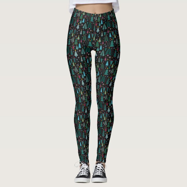 Arbre de Noël noir mignon Leggings d'impression (Devant)