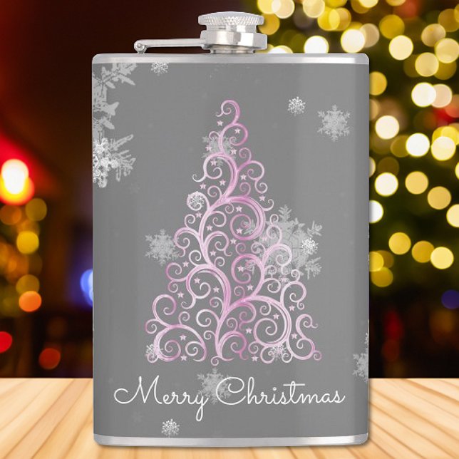 Arbre de Noël rose et flacon de flocons de neige (Pink Christmas Tree and Snowflakes Flask)