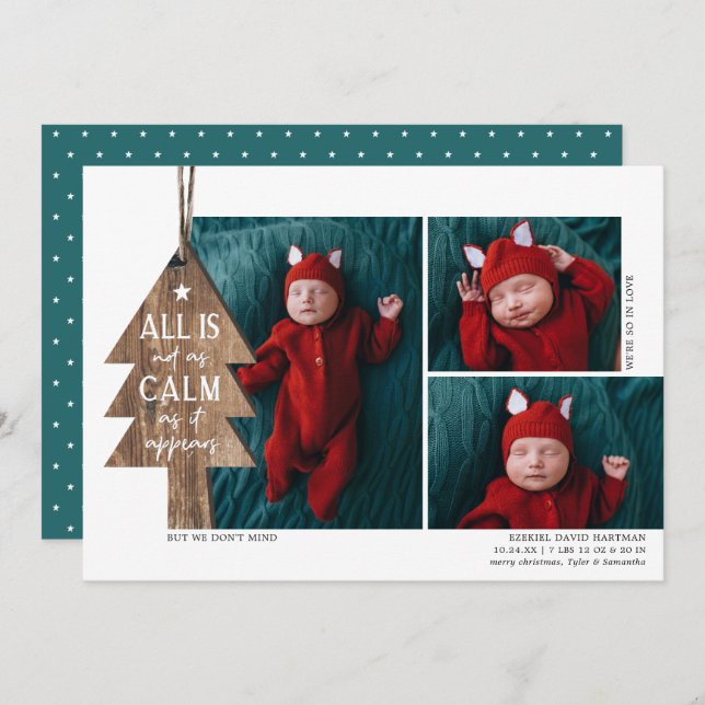 Arbre de Noël rustique 3 Faire-part de naissance p (Devant / Derrière)