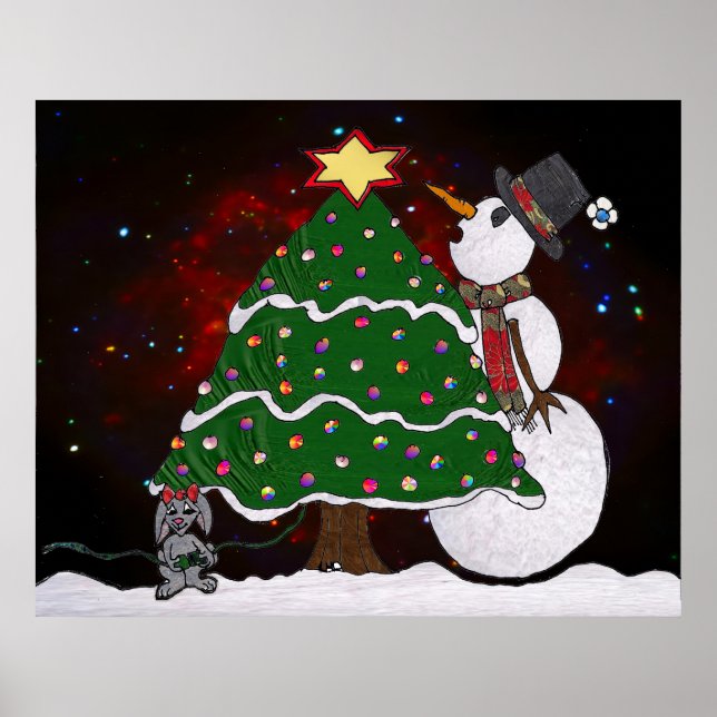 Arbre de Noël Snowman Surprise Art Imprimer Poster (Devant)