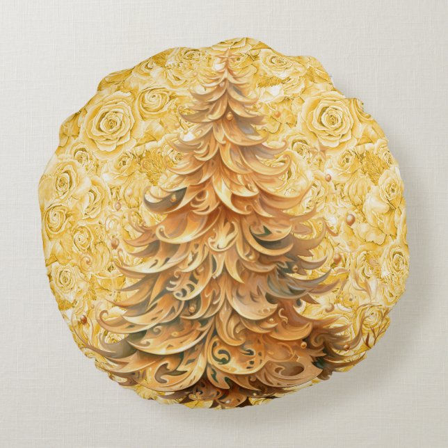 Arbre de Noël unique sur Roses d'or Coussin rond (Dos)