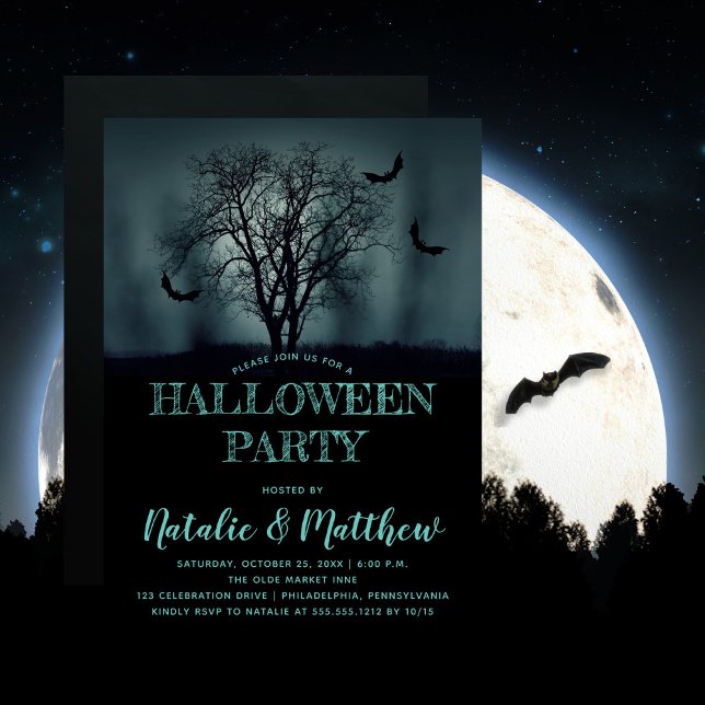 Arbre de nuit éffrayant | Invitation de la fête d' (Beware the erie creepy, spooky night with bats -- Halloween Party design. )