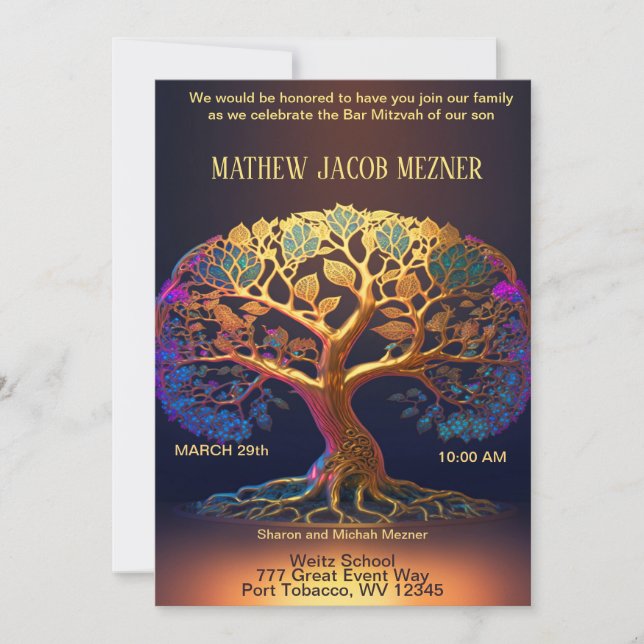 Arbre de vie Barre Mitzvah Invitation (Devant)