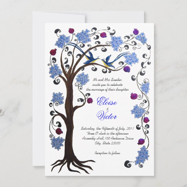 Arbre de vie faire-part de mariage (v) bleu/blanc (Devant)