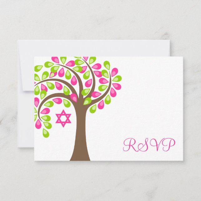 Arbre de vie moderne Bat mitzvah vert rose RSVP (Devant)