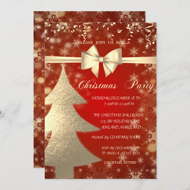 Arbre d'or de Noël, Rouge, Invitation de fête d'en (Devant / Derrière)