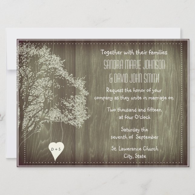 Arbre Rustique Avec Faire-part de mariage Coeur (Devant)
