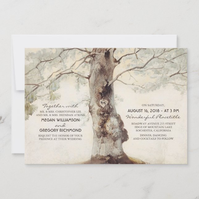 Arbre rustique et coeurs sculptés Invitations de m (Devant)
