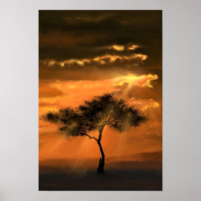 Arbre Sunbeams Poster coucher de soleil (Devant)
