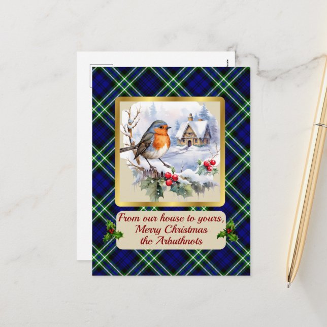 Arbuthnot Crest & Tartan w/Robin Personalized  Holiday Postcard (Front/Back In Situ)
