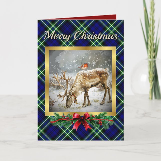 Arbuthnot Stag & Robin Tartan Personalized  Holiday Card (Front)
