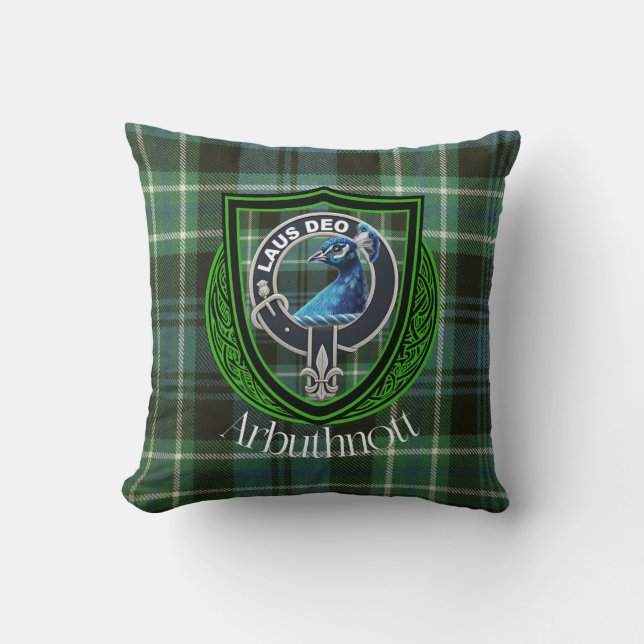 Arbuthnott Scottish Clan Tartan and Crest Throw Pillow (Front)