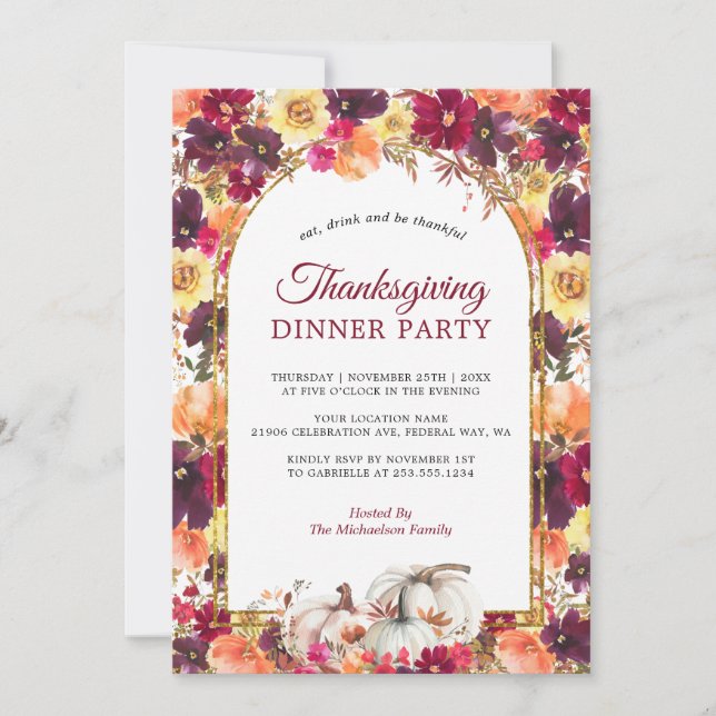 Arc d'or floral d'automne Thanksgiving Invitation (Devant)