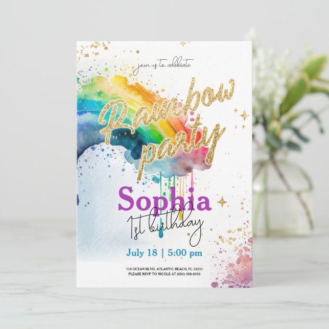 Arc-en-ciel Aquarelle Or Invitation Anniversaire (Debout devant)