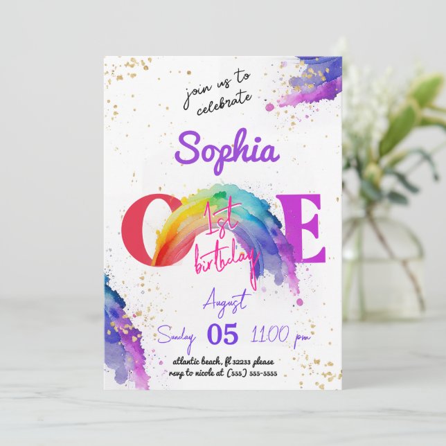 Arc-en-ciel Aquarelle Or Invitation Anniversaire (Debout devant)