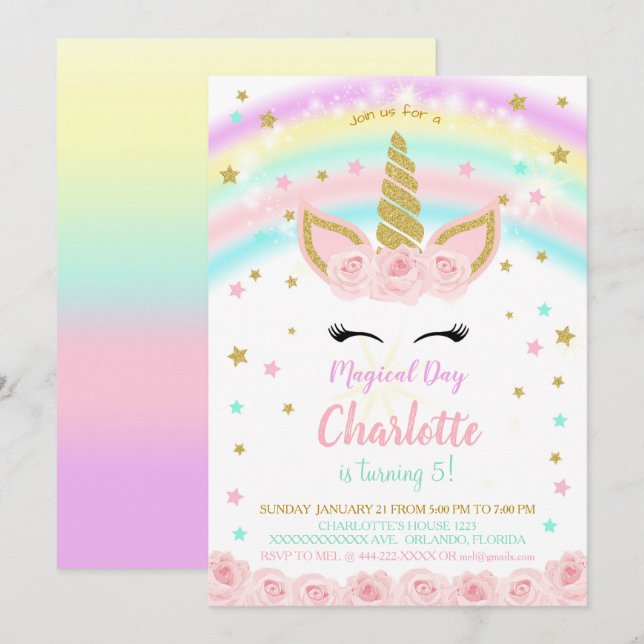 Arc-en-ciel avec fleurs roses Invitation Unicorn (Devant / Derrière)