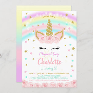 Arc-en-ciel avec fleurs roses Invitation Unicorn