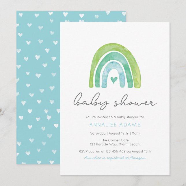 Arc en ciel et coeurs Baby shower bleu invitation (Devant / Derrière)