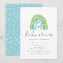 Arc en ciel et coeurs Baby shower bleu invitation