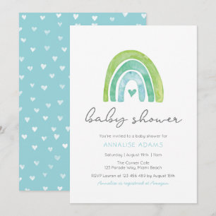 Arc en ciel et coeurs Baby shower bleu invitation