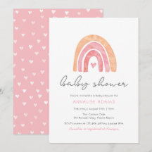 Arc en ciel et coeurs Invitation Baby shower rose