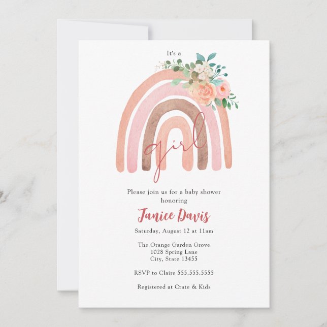 Arc-en-ciel rose, Invitation Baby shower fille Boh (Devant)