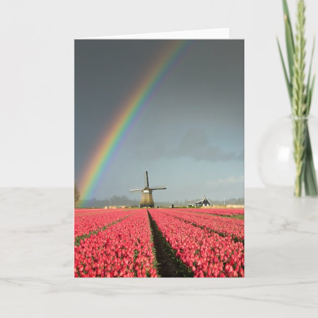 Arc en ciel, tulipes et carte de voeux pour moulin (Devant)