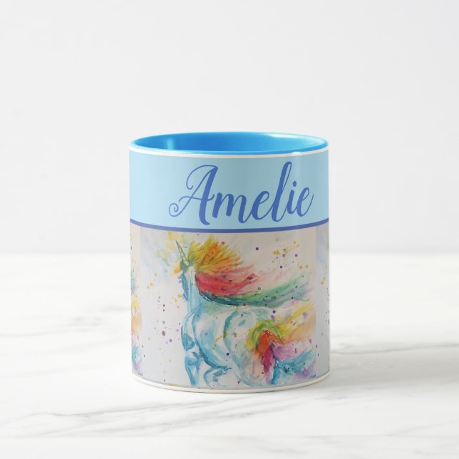 Arc en ciel Unicorn Aquarelle mignonne Mug d'art W (Centre)