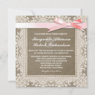 Arc rose en dentelle blanche et burap invitations 