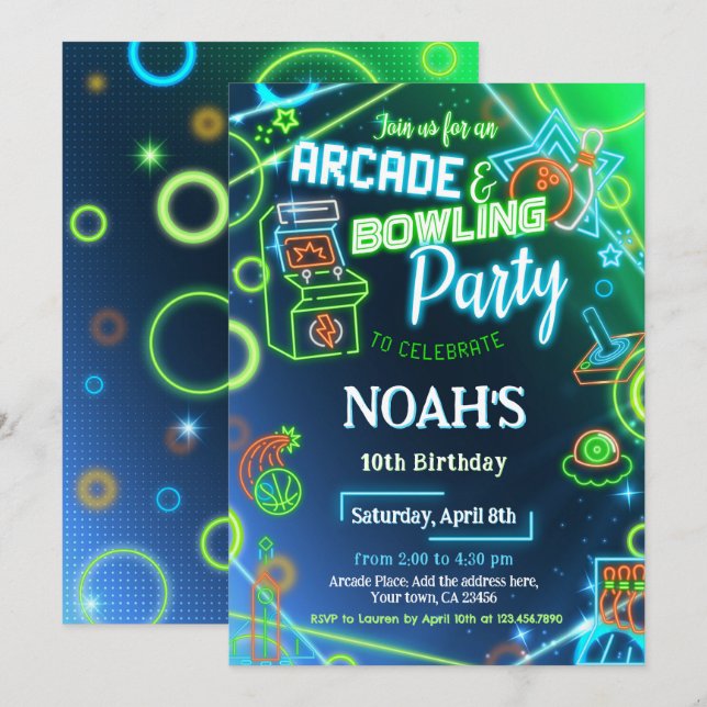 Arcade Bowling Glow Birthday Party Invitation (Front/Back)