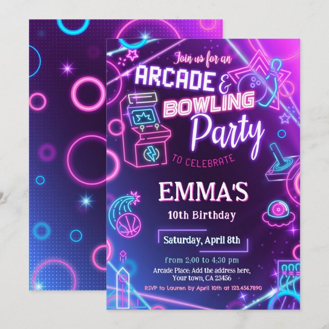 Arcade Bowling Neon Birthday Party Invitation (Front/Back)