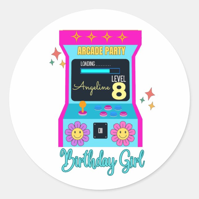 Arcade Game Retro Birthday Party Blue Pink Classic Round Sticker (Front)