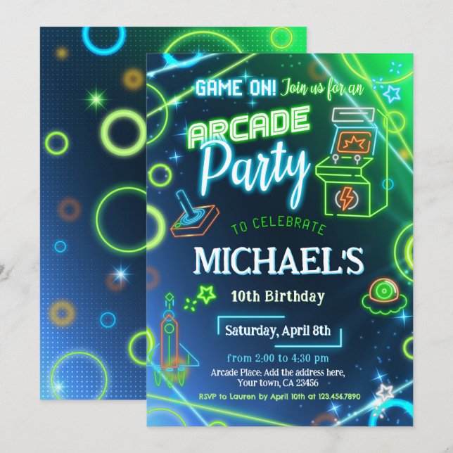 Arcade Neon Glow Birthday Party Invitation (Front/Back)