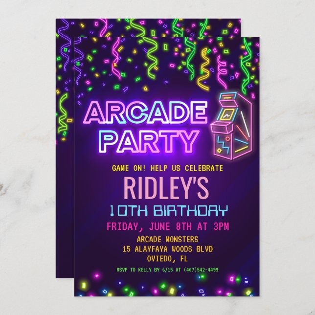Arcade Party Anniversaire Invitation (Devant / Derrière)