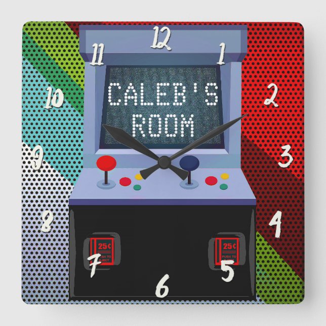 Arcade Video Game Joystick Personalized Bedroom Square Wall Clock (Front)