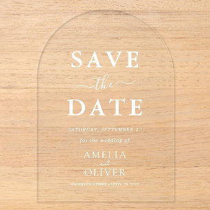 Arch Acrylic Chic White Text Wedding Save The Date Invitations
