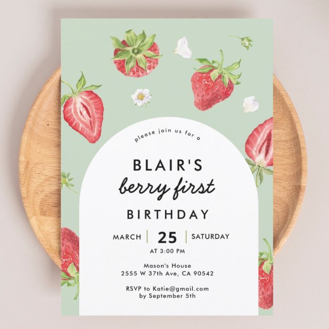 Arch Berry First Birthday Strawberry Theme Invitation (Creator Uploaded)