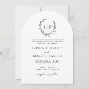 Arch Black White Monogram QR Code Classic Wedding Invitation